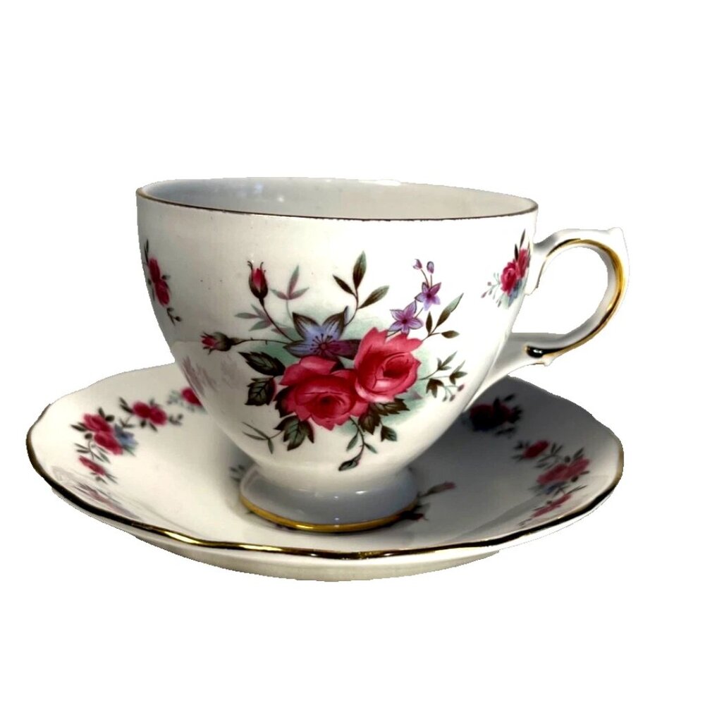 Queen Anne Royal Teacup Saucer Rose Fine Bone China England Ridgeway Footed